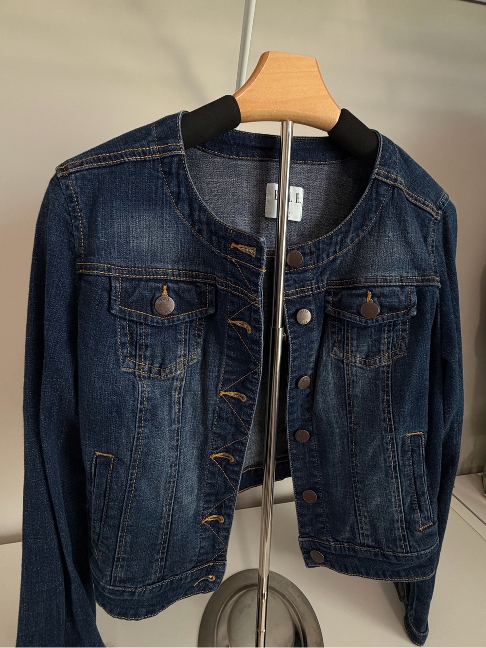 Elle Dark Blue Collarless Denim Jacket